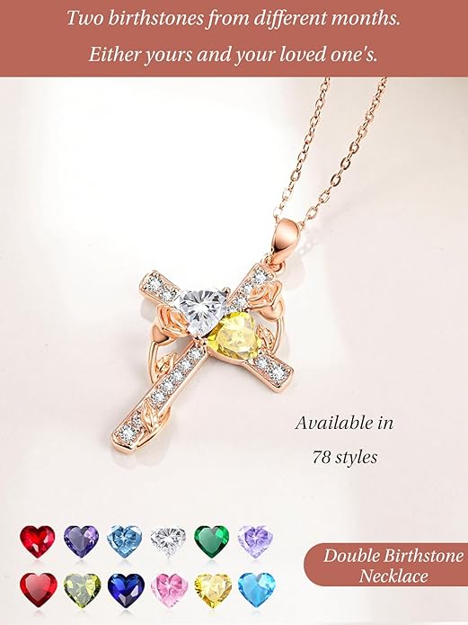 Rose Gold Dual Birthstones Cross Necklace for Women Rose Flower Jewelry Anniversary Christmas Mother's Valentine's Day Birthday Gift for Wife Girlfriend Mom - Bloomnest