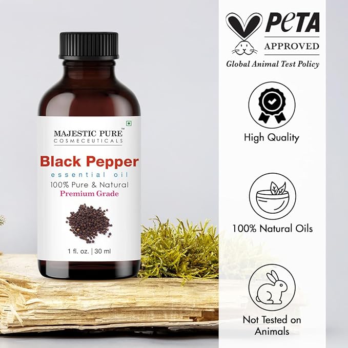 Majestic Pure Black Pepper Essential Oil with Glass Dropper - 1 Fl Oz - 100% Pure and Natural Black Pepper Oil - Premium Grade Essential Oils for Diffuser, Aromatherapy, Soap and Candle Making - Bloomnest