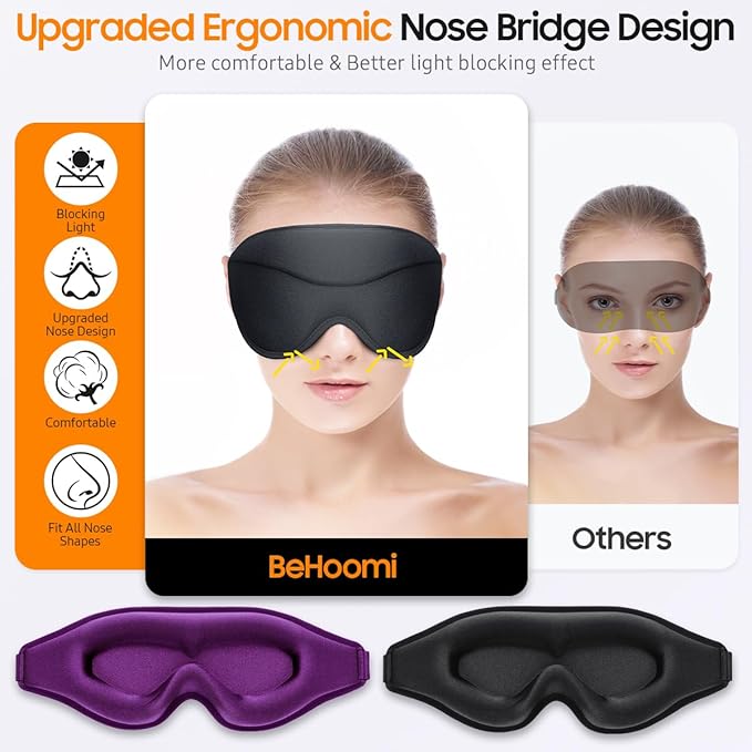 Sleep Mask, 2 Packs Premium Eye Mask for Sleeping, Total Blackout, Superior Soft Comfort, Upgraded 3D Ergonomic Designed Sleeping Mask for Home, Office, Travel, Meditation, Black & Purple - Bloomnest