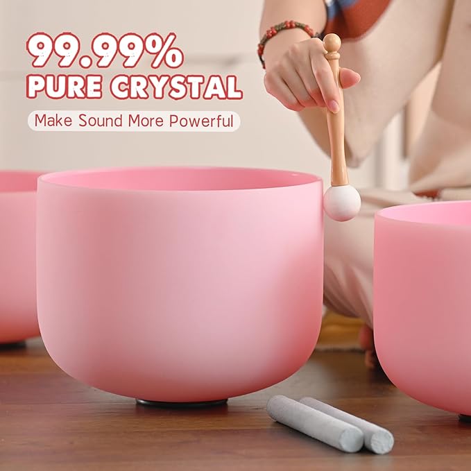 CVNC 432HZ 6-12 Inch Pink Color Frosted Quartz Crystal Singing Bowls Chakra Set of 7 with Carry Case Bags for Sound Healing and Meditation - Bloomnest