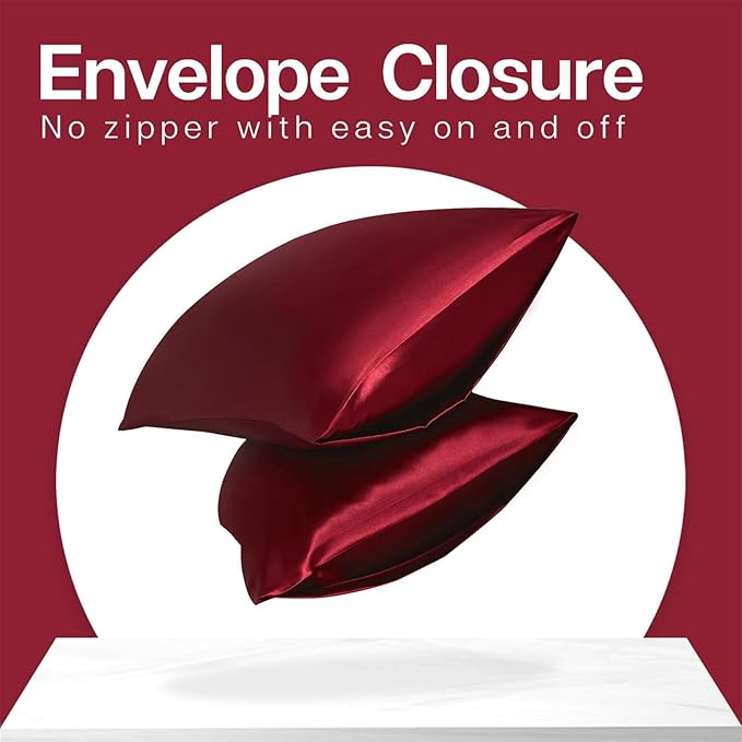 MR&HM Satin Pillowcase for Hair and Skin, Silk Satin Pillowcase 2 Pack, Standard Size Pillow Cases Set of 2, Silky Pillow Cover with Envelope Closure (20x26, Burgundy) - Bloomnest