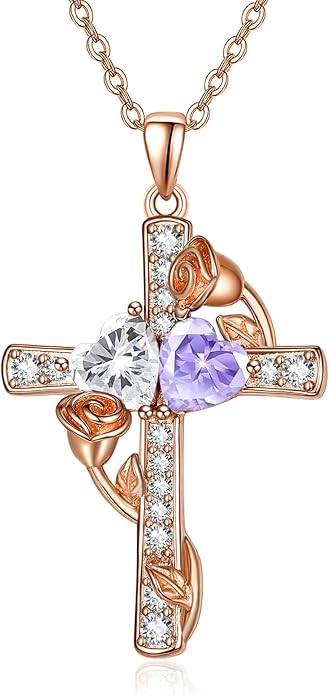 Rose Gold Dual Birthstones Cross Necklace for Women Rose Flower Jewelry Anniversary Christmas Mother's Valentine's Day Birthday Gift for Wife Girlfriend Mom - Bloomnest