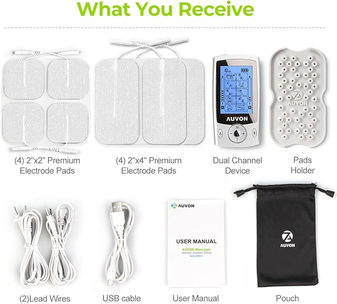 AUVON Dual Channel TENS Unit Muscle Stimulator Machine with 20 Modes, 2" and 2"x4" TENS Unit Electrode Pads AUVON
