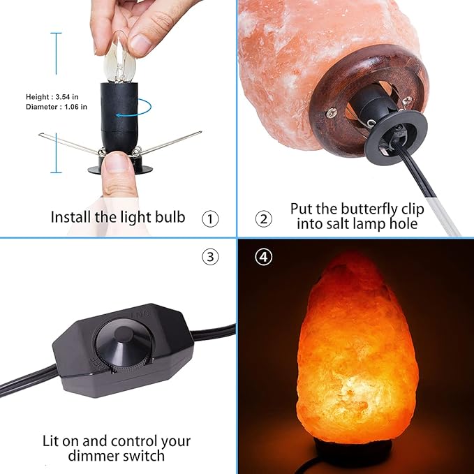 1 Pack Salt Lamp Cord Replacement with Dimmer Switch 5 feet Lamp Cord and 6-Pack Halogen Salt Lamp Bulbs(15 Watts) - Bloomnest