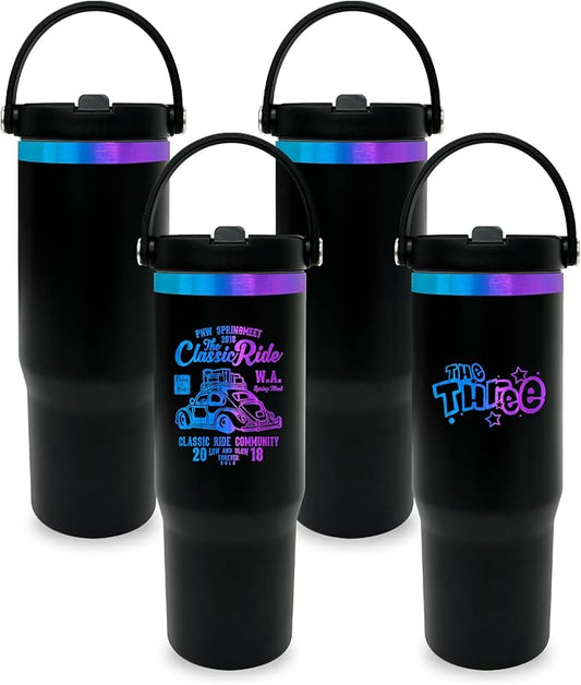 30 oz Tumbler with Handle, Double Wall Vacuum Insulated Tumblers with Flip Straw, Coffee Mug 30oz Powder Coated Cup for Hot and Cold Drinks(Blue Purple Plated, Black,4 pack)
