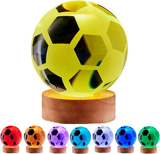 Soccer Crystal Ball Lamp,3.15 inch 3D K9 Crystal Ball Night Light with Wooden Base,Soccer Lamp Gift for Fans,Football Night Light,16 Colors Change with Remote Control (H) - Bloomnest