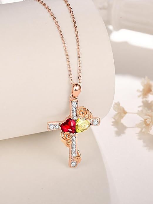 Rose Gold Dual Birthstones Cross Necklace for Women Rose Flower Jewelry Anniversary Christmas Mother's Valentine's Day Birthday Gift for Wife Girlfriend Mom - Bloomnest