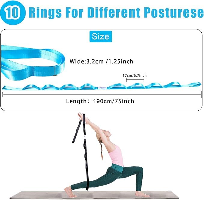 Oak-Sports Stretching Strap Yoga Strap for Physical Therapy with 10 Loops, Yoga Straps for Stretching, Upgraded Non-Elastic Stretch Band for Pilates, Dance and Gymnastics with Workout Guide - Bloomnest