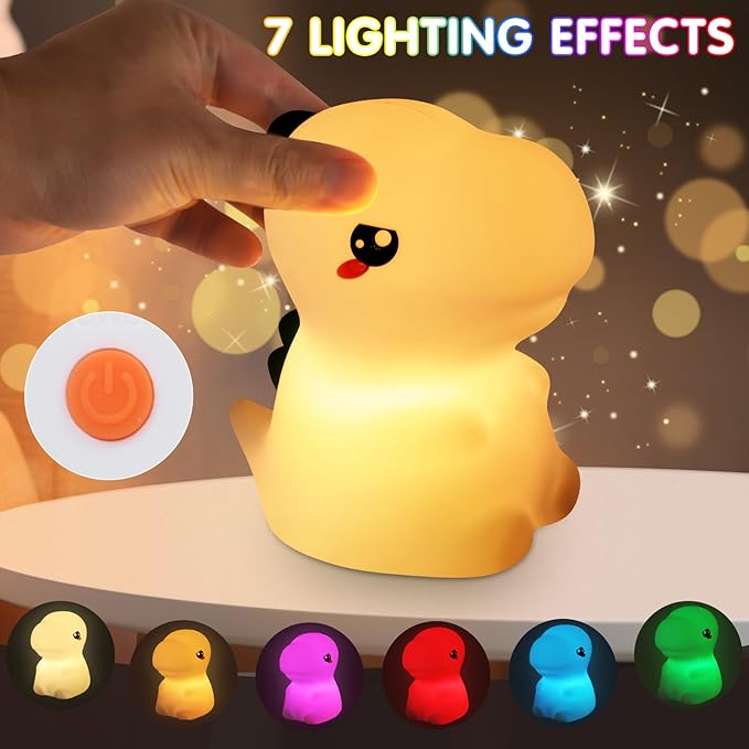 Night Light for Kids, 7 Color Changing BPA-Free Silicone Lamp with Touch Control, Eye Protection, Rechargeable Battery, Soft & Safe Nursery Lamp for Boys & Girls (Dinosaur) - Bloomnest