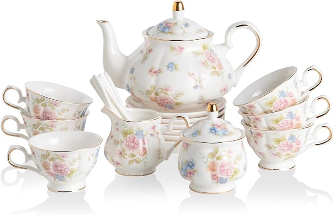 Sweejar Porcelain Tea Sets, Vintage British Floral Relief Gold Rimmed Teapot Cup and Saucer Set, Tea Set Service for 6, with Teapot, Sugar Bowl, Milk Jug, Spoons, Tea Cup and Saucer (Small Flower) - Bloomnest