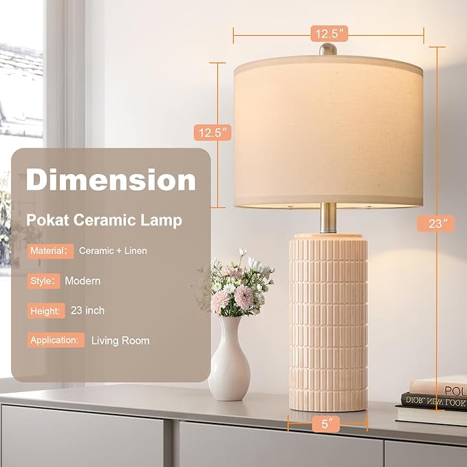 PoKat 23" Pink Ceramic Table Lamps Set of 2, Modern Bedroom Lamps for Girls Room, Bedside Lamps for Night Stands, Cute Lamps for Living Room Decor, Nightstands Desk Lamp, Pink - Bloomnest