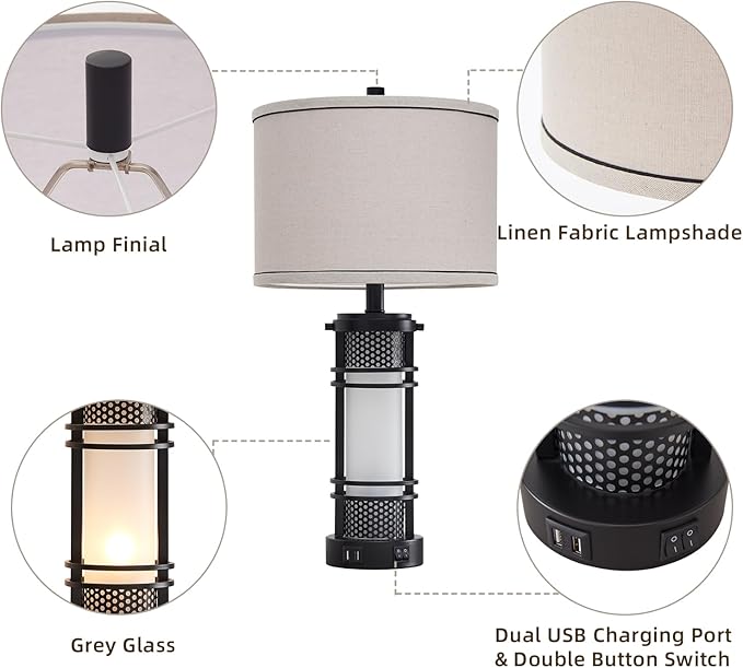 Set of 2 Modern Table Lamps for Living Room, Contemporary Nightstand Lamp with Dual USB Port, Bedside Lamps with White Frosted Glass Night Light for Bedroom, 4 Bulbs Included (Black) - Bloomnest