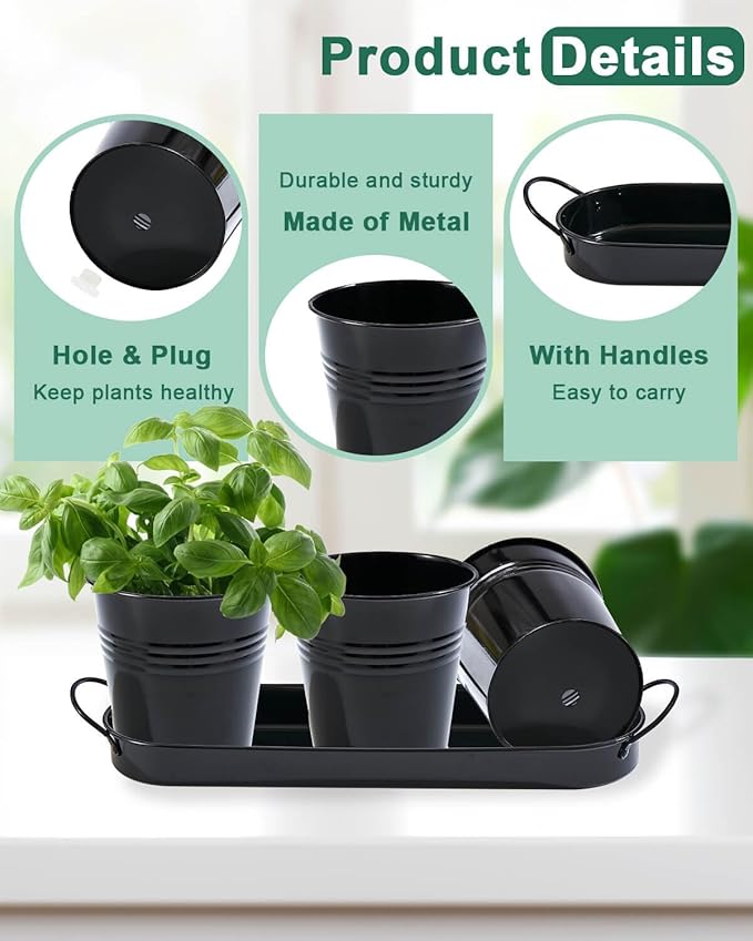 vensovo Indoor Herb Planter Set - Galvanized Windowsill Garden Pots with Tray & Drainage, Set of 3 Metal Window Planters for Kitchen & Outdoor Use, Black - Bloomnest