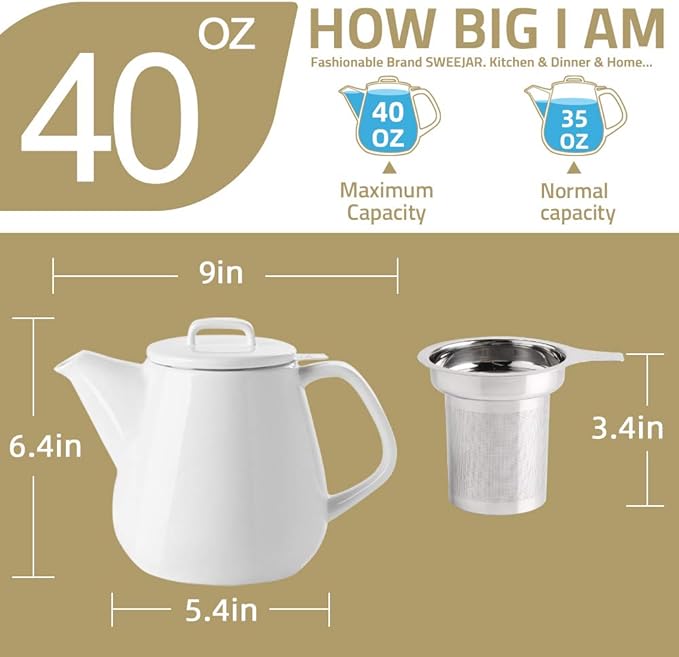 Sweejar 40oz Tea pot with Removable Stainless Steel Infuser,Dishwasher Safe Tea Pots for Loose Tea,Tea Pots with Infuser for Chrismas Women Gift(Turquoise) - Bloomnest