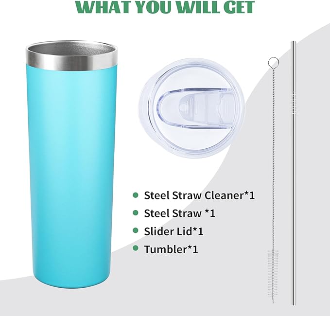 20 oz Skinny Tumbler with Lid and Straw,Stainless Steel Vacuum Insulated Tumbler Cup Double Wall Leak-proof Coffee Mug,Travel Thermal Water Tumbler for Home,Office,Outdoor (Baby blue,1)