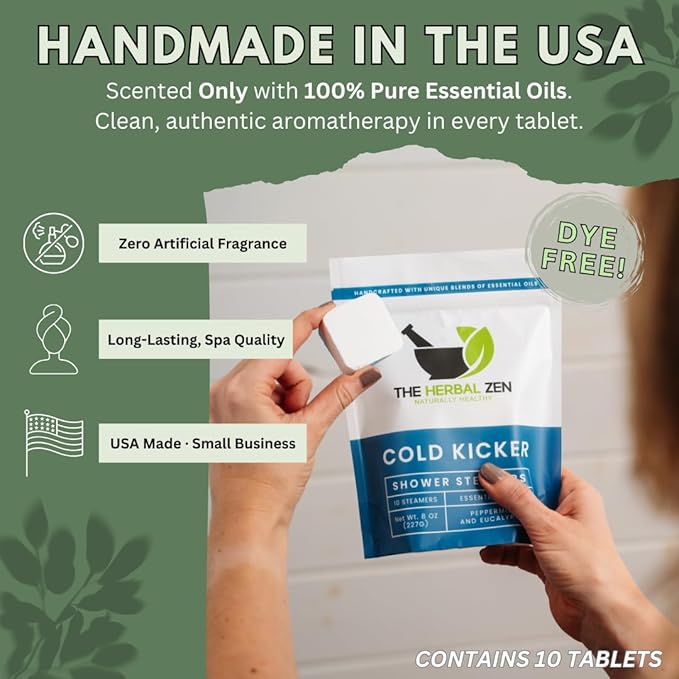 Cold Kicker Shower Steamers Aromatherapy for Sinus Relief - Adult Stocking Stuffer Christmas Gift - USA Made - Peppermint & Eucalyptus Shower Bomb Tablets - Soothing Natural Essential Oils (10 Pack) - Bloomnest