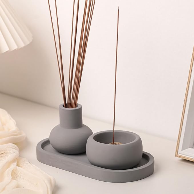 Concrete Incense Burner Set with Holder and Tray,Multifunction Incense Holder for Burning Sage,Palo Santo,Incense Sticks,Ideal for Meditation Home Decor(Grey) - Bloomnest