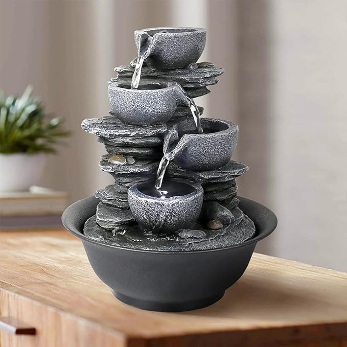 10.6inch Rock Indoor Water Fountain Zen Meditation Tabletop Fountain with LED Light for Home Office Bedroom