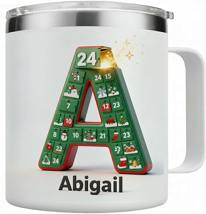 Personalized Christmas Advent Calendar Mug with Custom Name & Initial - 14oz Insulated Stainless Steel Tumbler with Handle & Lid - Unique Holiday Countdown Gift for Women, Men, Family (B62) - Bloomnest