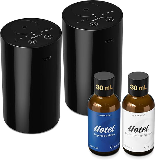Waterless Essential Oil Diffuser Starter Kit with 2 x 30mL Hotel Scent Fragrance Oil, Battery Operated Scent Air Machine Cordless Portable Diffuser for Home Car, ANZ Black 2PCs Kit - Bloomnest