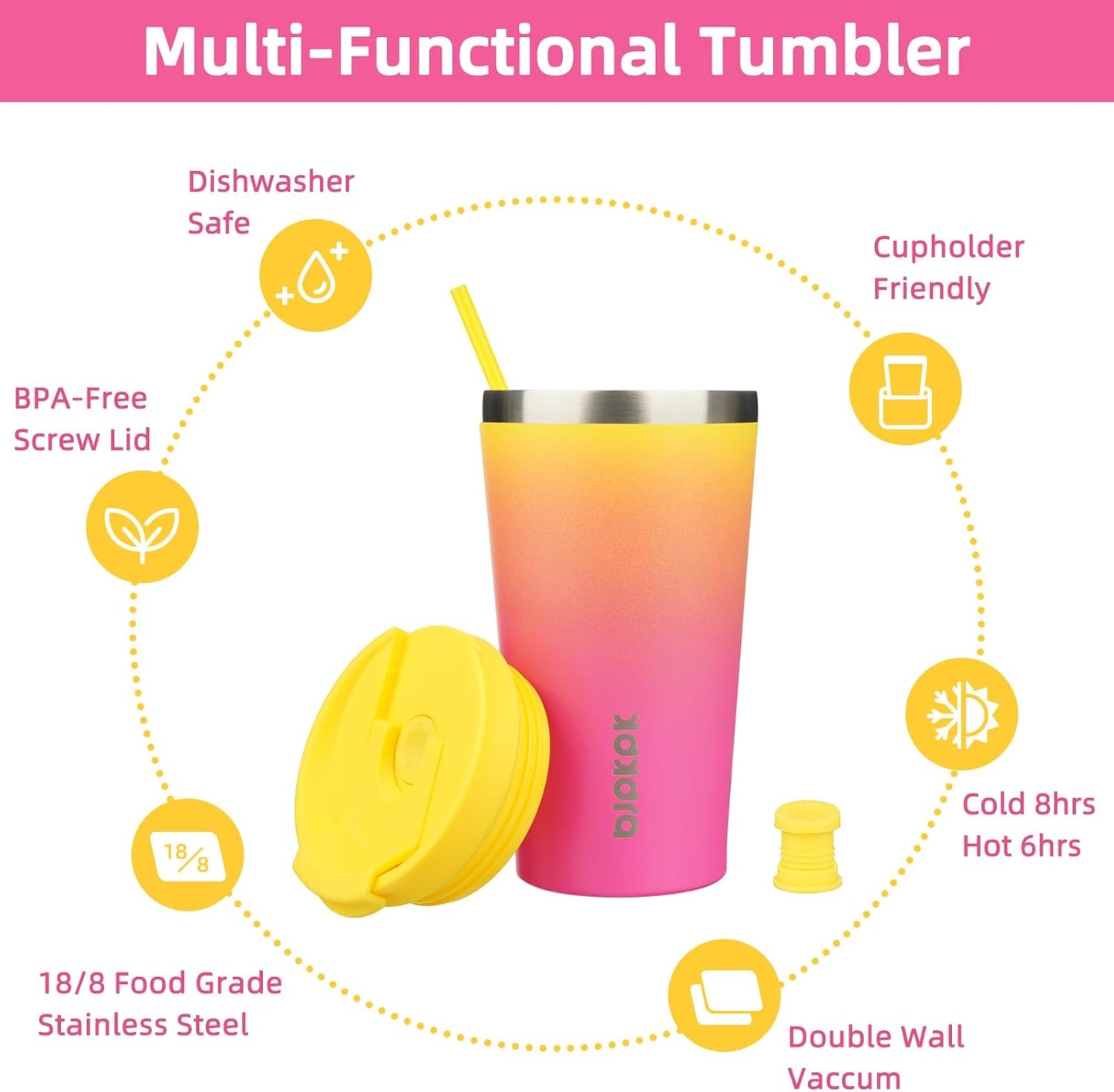 BJPKPK 18oz Stainless Steel Insulated Tumbler With lid And Straw Travel Coffee Thermal Tumblers Cup For Women And Men,Pink Yellow Rose