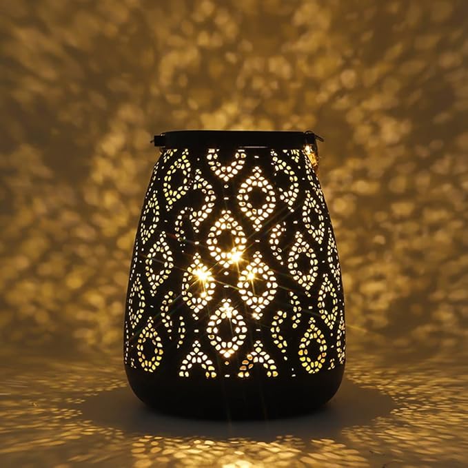 TRIROCKS Moroccan Style Metal Lamp 8''H Battery Operated Cordless Table Lamp Vintage Lantern for Living Room Garden Yard Patio Parties Event Indoors Outdoors (Black with Gold Brush) - Bloomnest