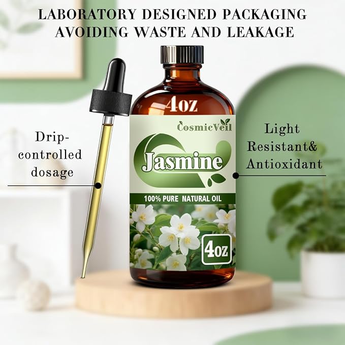 Jasmine Essential Oil Fragrance Oil for Aroma Diffuser,Humidifier,Home Fragrance,Cleaning,Body Care,Massage,Yoga,DIY Candle,DIY Soap CosmicVeil（Jasmime，4 Fl Oz (Pack of 1)） Cosmicveilessentialoil