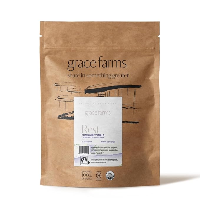 Grace Farms REST Wellness Organic Tea Blend (50 Sachet Pouch) | Sleep and Stress Support For Evening | Chamomile Vanilla Tea with Caffeine Free Adaptogens and Mushrooms | Gives Back 100% of Profits - Bloomnest