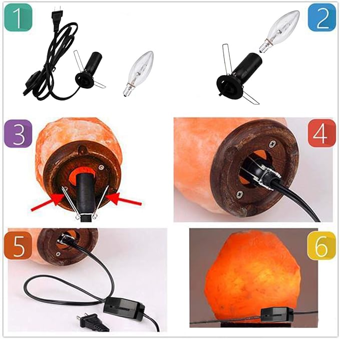 Himalayan Salt Lamp Cord with Gear Switch，Original Replacement Cord with Base Assembly with E12 Socket，Christmas Light Bulb,Himalayan Salt Lampsand with 6 Free Bulbs for Salt Lamp (1P)