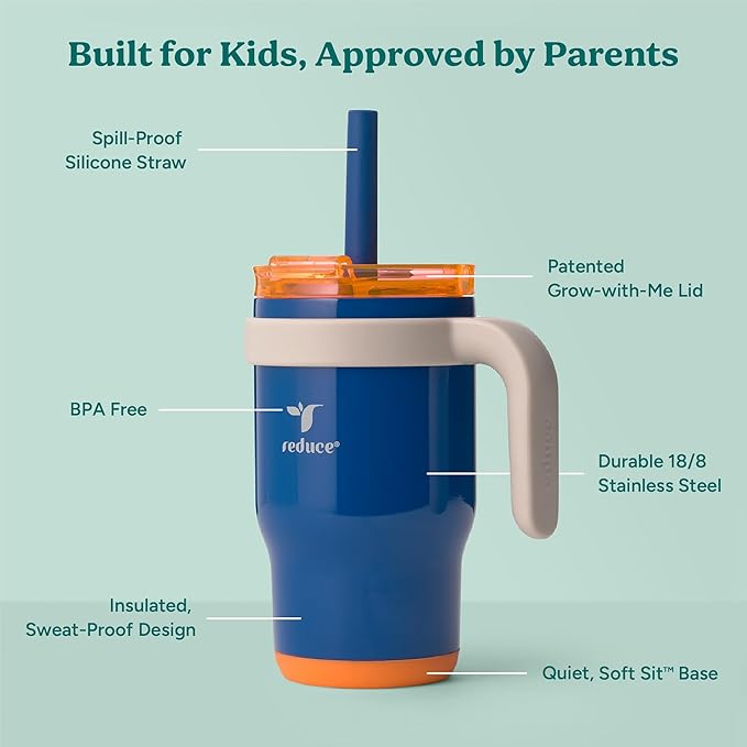 REDUCE 14 Oz Coldee Kids Tumbler with Lid and Straw - Coldee Insulated Travel Mug - Spill-Proof, Sweatproof Stainless Steel, BPA-Free - Includes Handle, Reusable Silicone Straw - Varsity Blue - Bloomnest