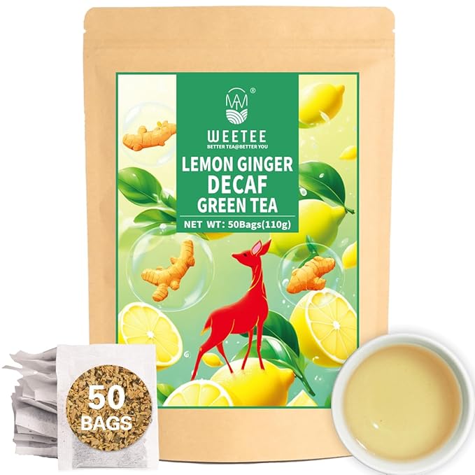 WT WEETEE Lemon Ginger Decaf Green Tea Bags 50 Counts, Made of Decaffeinated Green Tea, Ginger & Natural Lemon Flavor, Clean & Fresh - Bloomnest