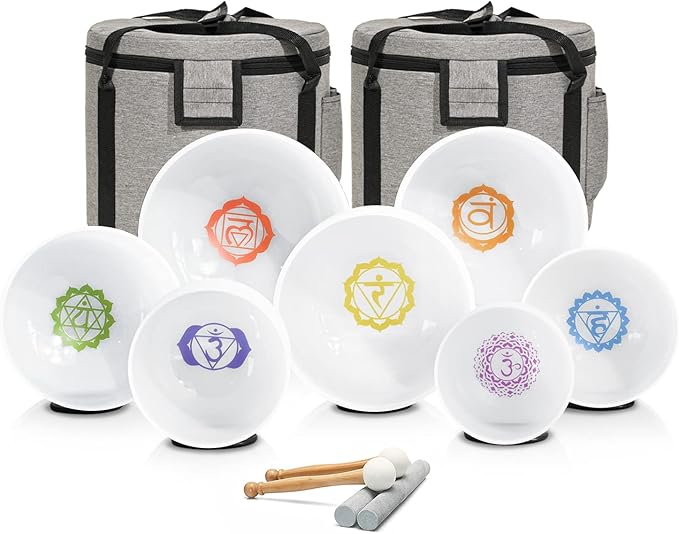 CVNC 432HZ 7-12 Inch Chakra Symbol Design Frosted Quartz Crystal Singing Bowl with 2 PCS Travel Carry Case Bag for Sound Healing - Bloomnest