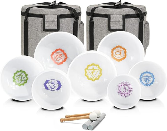 CVNC 432HZ 7-12 Inch Chakra Symbol Design Frosted Quartz Crystal Singing Bowl with 2 PCS Travel Carry Case Bag for Sound Healing - Bloomnest