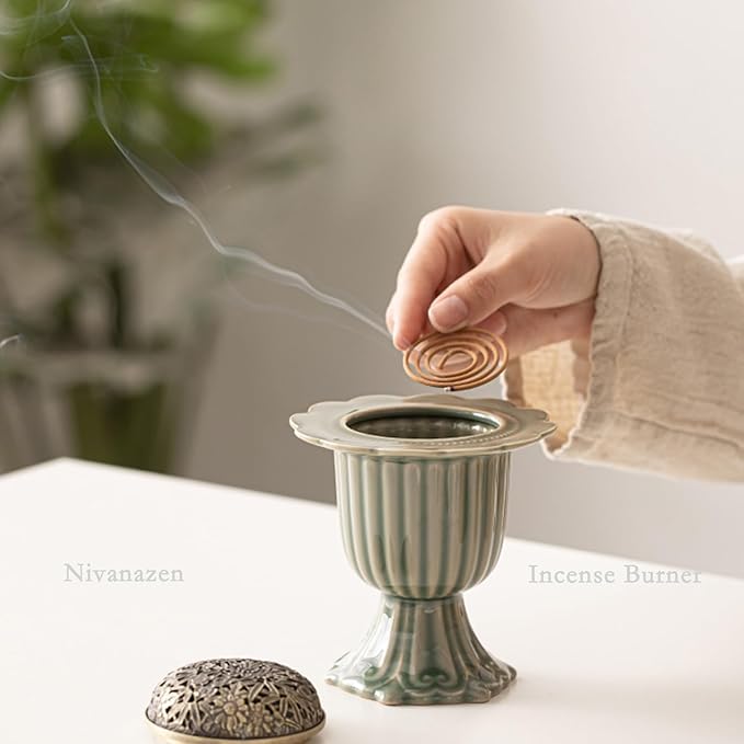 Ceramic Incense Holder with Braze Lid,Incense Cone Burner for Coil Incense,Mediation Gift,Home Decor (Light Green) - Bloomnest