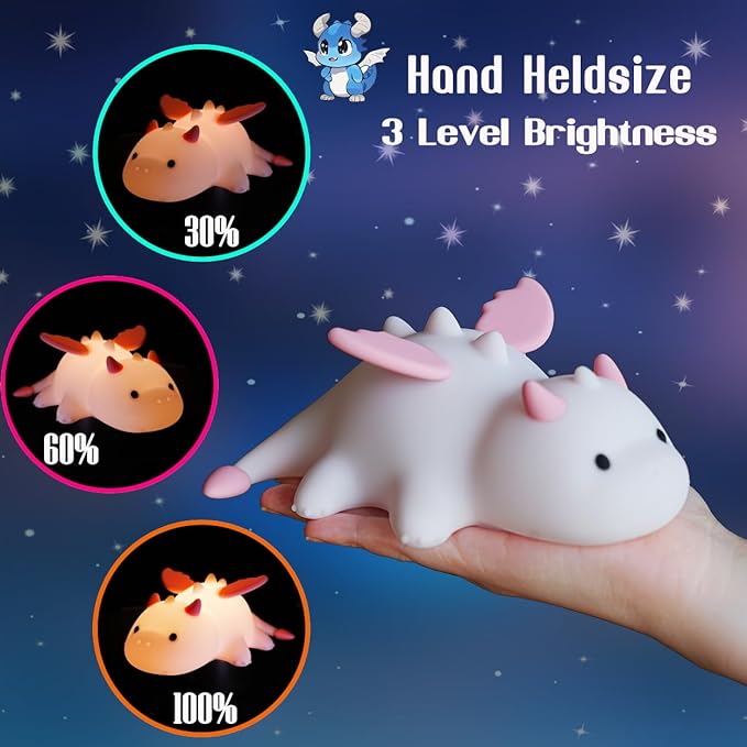 Dragon Night Light, Cute Pink Dragon Gifts, Soft Silicone Lamp with 3 Level Warm Light and RGB Changing, Breastfeeding Nursery Portable Kawaii Bedside Lamp for Baby, Toddler, Boys and Girls - Bloomnest