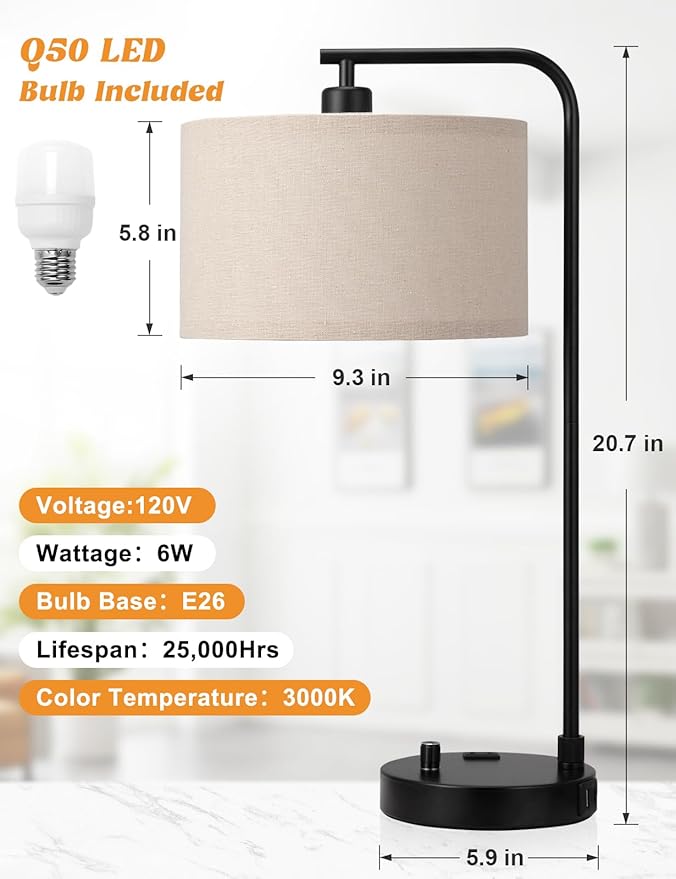 Tall Table Lamp with USB Port and Outlet, Dimmable Nightstand Bedside Lamps with Linen Lampshade, Desk Lamp for Bedroom, Living Room, Guest Room, Home Office, LED Bulb Included - Bloomnest