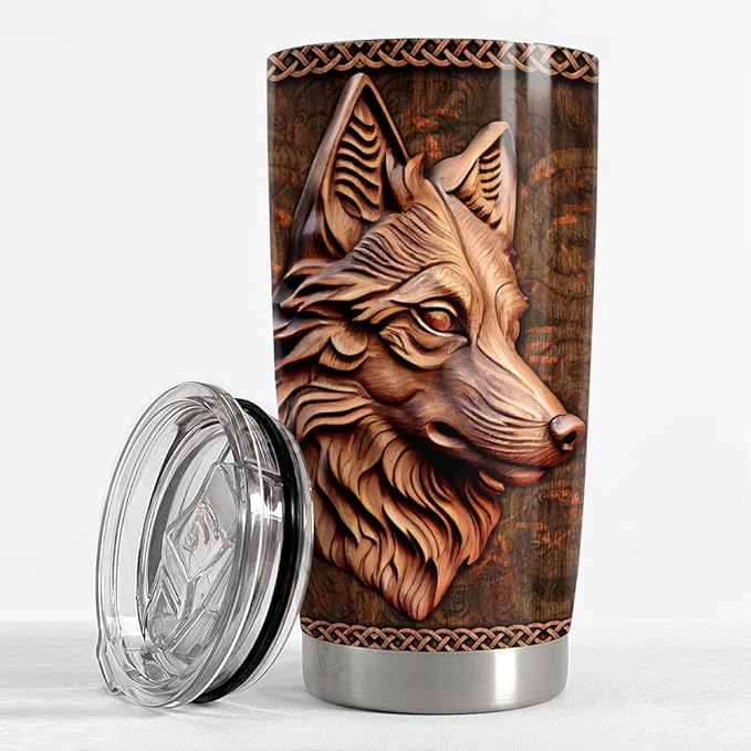 SANDJEST Wolf Tumbler 20oz Wolf Wood Drawing Stainless Steel Insulated Tumblers Coffee Travel Mug Cup Wolf Gift for Men Boys Gifts for Birthday Christmas - Bloomnest