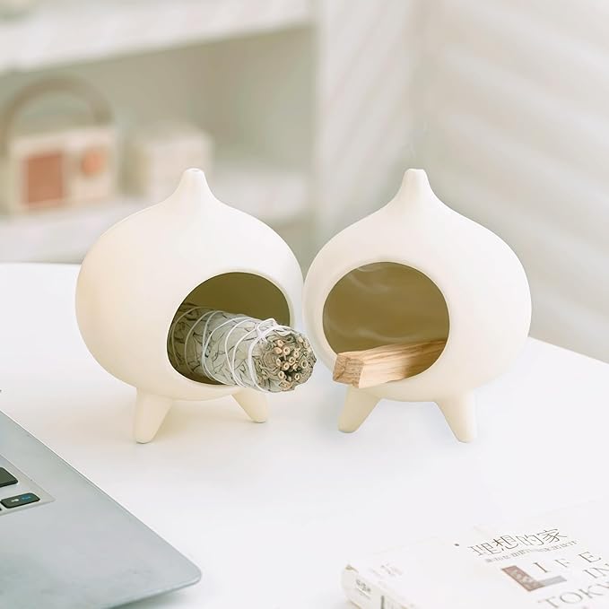 Handmade Ceramic Palo Santo Holder Burner & Sage Holder - Mini Tabletop Chiminea Burner Tray with Ash Catcher, Decorative Incense Holder for Spiritual Meditation & Yoga - Bloomnest