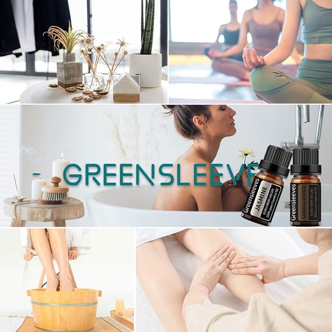 GREENSLEEVES Sandalwood Jasmine Essential Oil Set, 2 x 10ml Pure Plant-Based Fragrance Oil for Aromatherapy, Essential Oils for Diffuser, Massage, Bath Bomb, Scented Candle Soap Making GREENSLEEVES