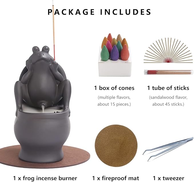 ChangWanna Frog Incense Holder Burner - Ceramic Cone Backflow Incense Burner Smoke Fountain, Back Flowing Incense Diffuser with 45 Sticks & 15 Cones, Frog Ornament for Aromatherapy/Yoga/Home Decor