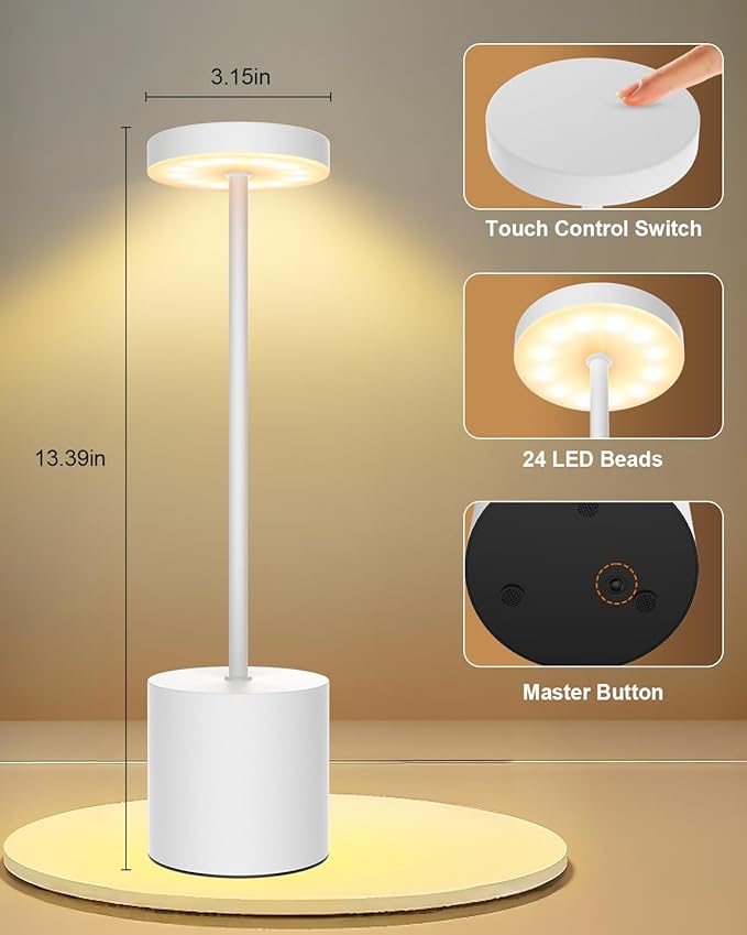 Cordless Table Lamps Rechargeable Set of 2, Portable LED Desk Lamp, 5000mAh Battery Powered Wireless Table Light - 3 Color Dimmable Lighting for Restaurant Dining Patio Outdoor Bedroom(White) - Bloomnest