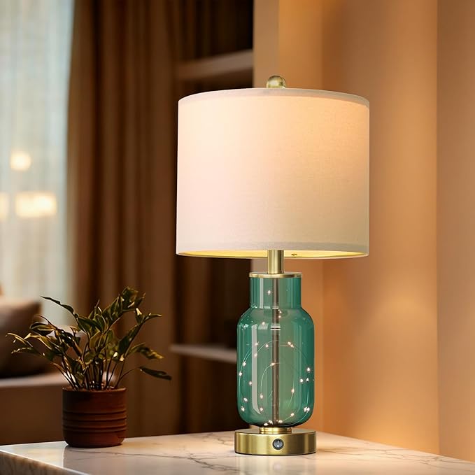 Oneach 22" Glass Table Lamps Set of 2, Green Modern Bedside Lamp with LED Night Light for Living Room, Nightstand Lamp with USB Ports for Bedrooms, Study Room, End Table(2 Bulbs Included) - Bloomnest