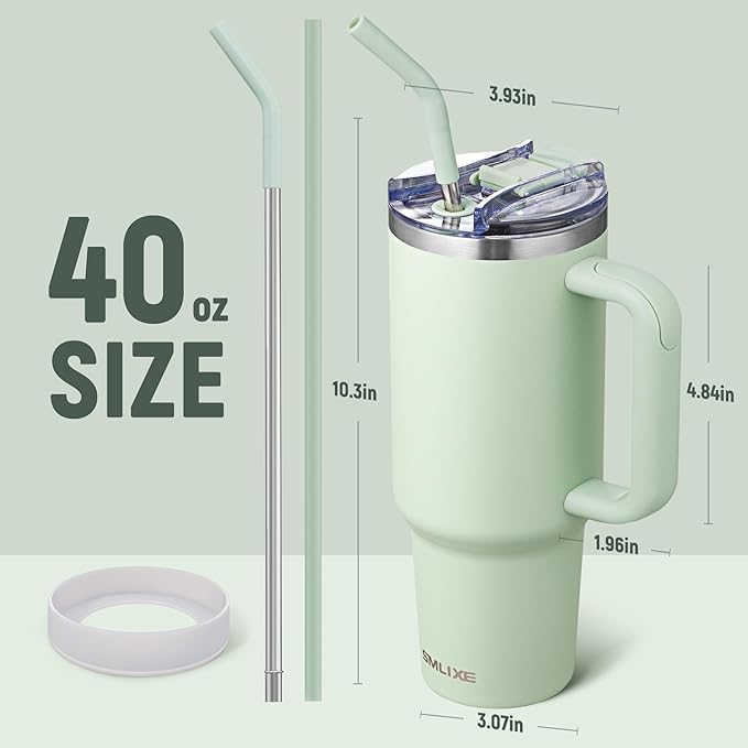 40 oz Tumbler with Handle and Straw Lid,Insulated Reusable Stainless Steel Water Bottle Travel Mug，Cupholder Friendly Double Wall Vacuum Sealed Cup (Light Green) - Bloomnest