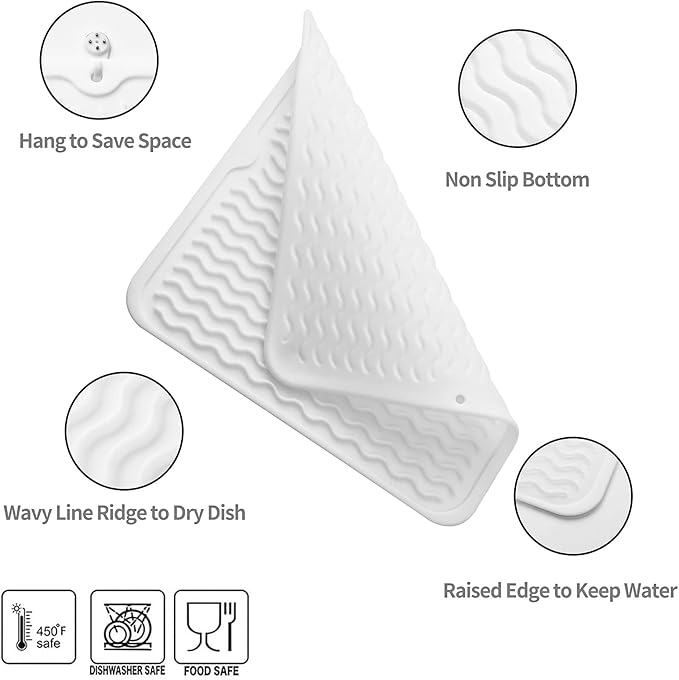 Silicone Dish Drying Mat for Multiple Usage,Easy clean,Eco-friendly,Heat-resistant Silicone Mat for Kitchen Counter or Sink,Refrigerator or Drawer liner White M 12 inches x 12 inches - Bloomnest