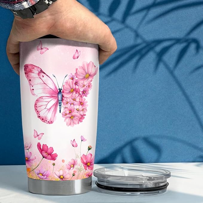 SANDJEST Butterfly Tumbler 20oz Butterfly Gifts for Women Girl Teen Stainless Steel Insulated Tumblers Coffee Travel Cup Mug Gift for Birthday Christmas - Bloomnest