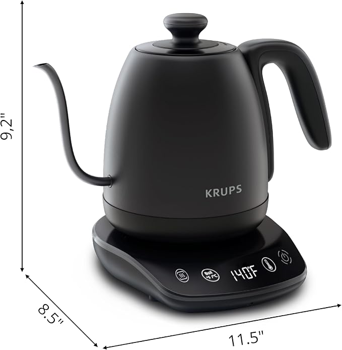 KRUPS Gooseneck Electric Kettle: 1L Stainless Steel, 1350W Fast Boiling, Boils 1 Cup in 80 Seconds, Temperature Control with 8 Presets, 60-Min Keep Warm, Precision Pour for Coffee and Tea - Bloomnest
