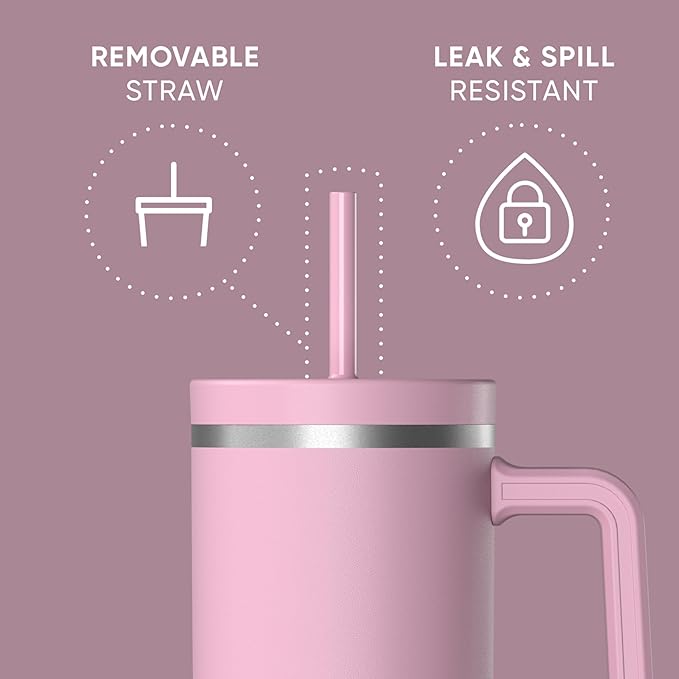 Hydrapeak Voyager 40 Oz Stainless Steel Tumbler with Handle, Insulated Water Bottle With Straw & Lid, Cupholder Friendly Reusable Travel Mug (Cotton Pink) - Bloomnest
