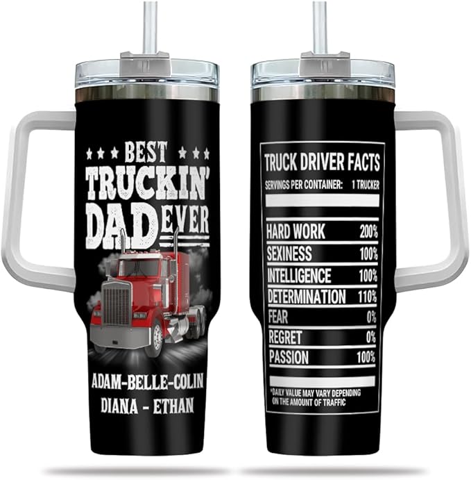 Best Truckin' Dad Ever Personalized Tumbler with Handle and Lid, Custom Truck Driver Nutrition Facts Mug, 20oz 30oz Insulated Stainless Steel Gift - Bloomnest