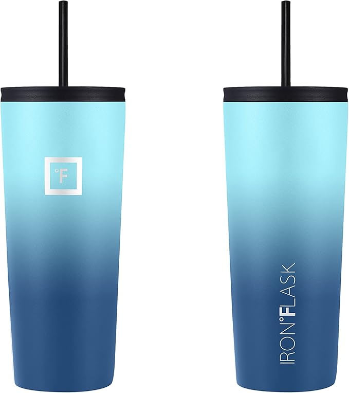 IRON °FLASK Classic Tumbler - Vacuum Insulated Stainless Steel Water Bottle, Double Walled, Drinking Cup, Insulated Travel Mug (Blue Waves, 24 oz Solid Lid)