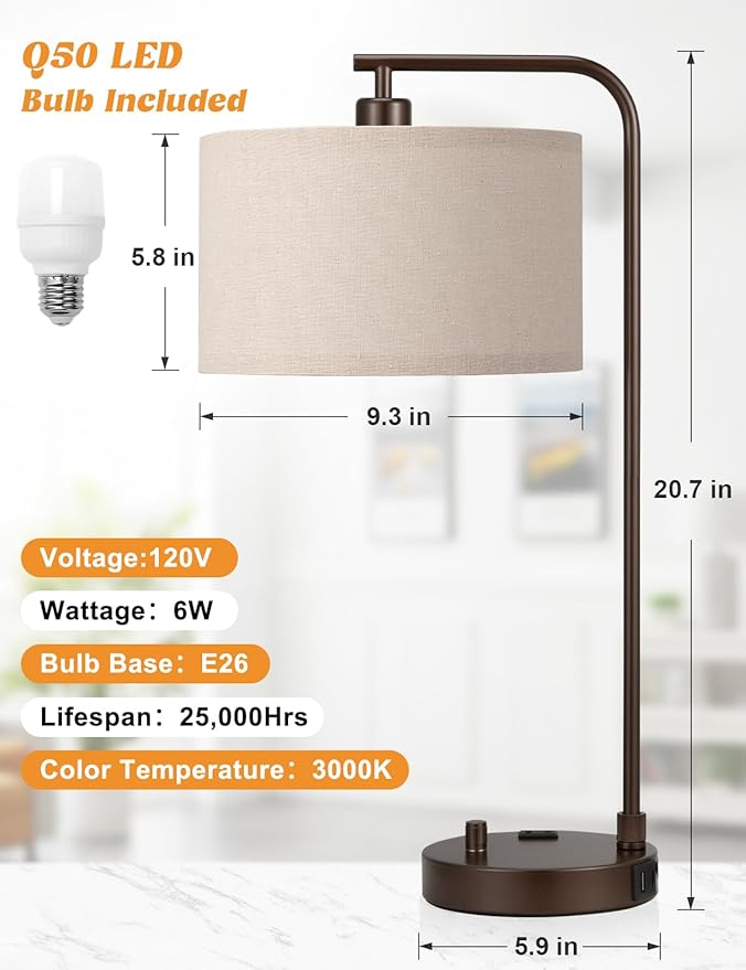 Brown Side Table Lamp with USB Port and Outlet, Dimmable Nightstand Bedside Lamps with Linen Lampshade, Desk Lamp for Bedroom, Living Room, Guest Room, Home Office, LED Bulb Included - Bloomnest